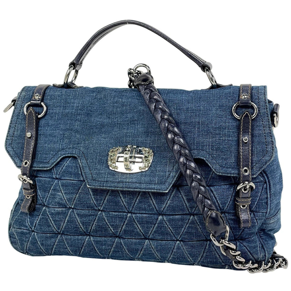 Miu Miu Handbag Quilted Tote Bag Denim Navy Blue